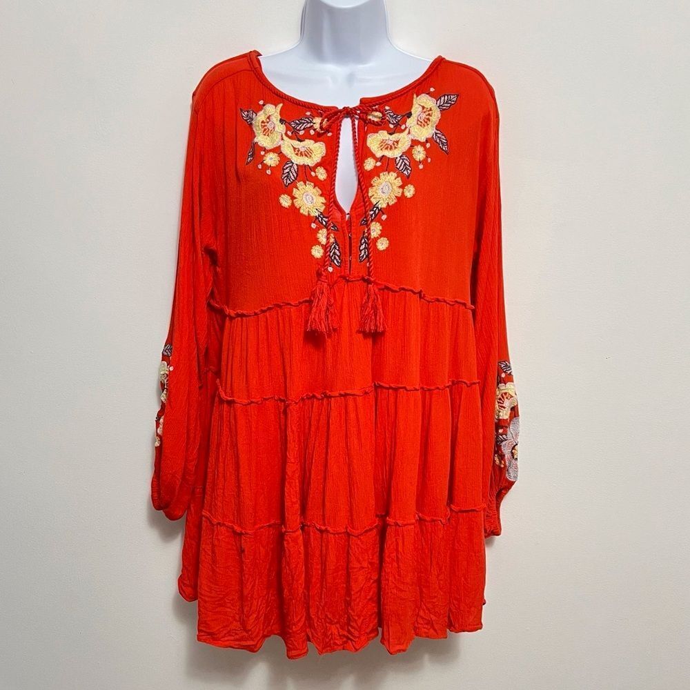 Free People Red Tiered Embroidered Mini Dress
